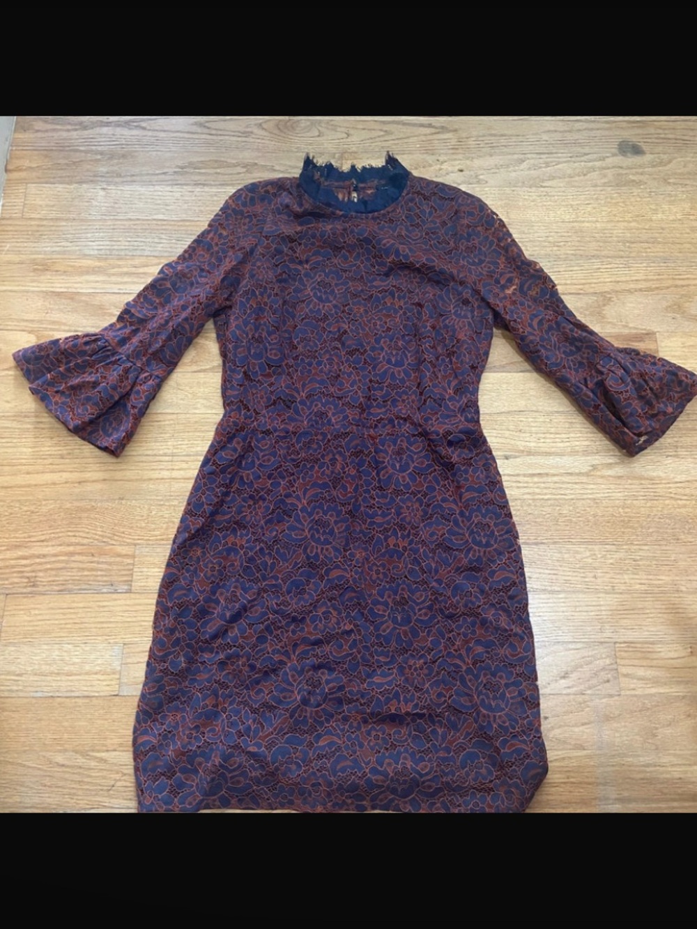 Topshop Navy & Orange Floral Lace Mini Dress - Bell Sleeve, Size 6